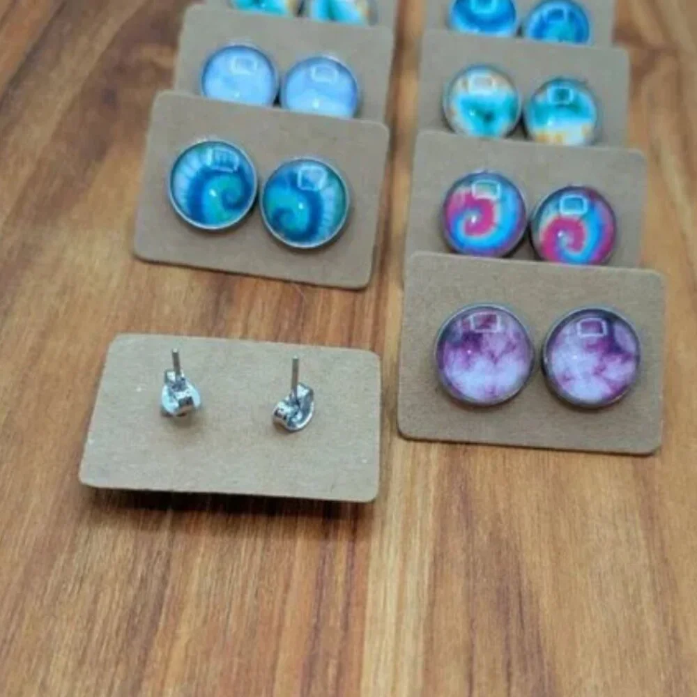 Wholesale Lot 8 Pairs of Tie Dye Round Resin‎ Dome Post Earrings Colorful Hippie